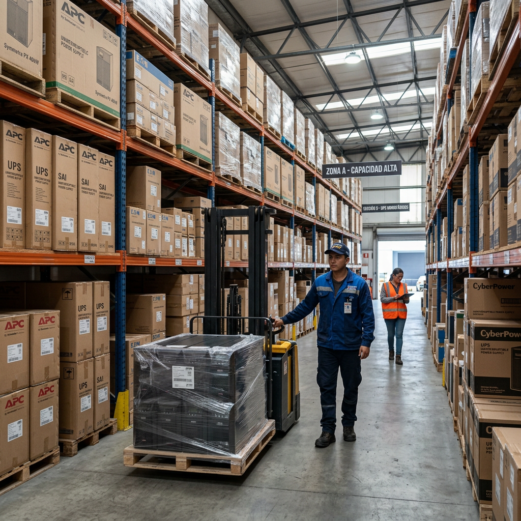 Warehouse aisle with stacked boxes and workers operating pallet jack and clipboard