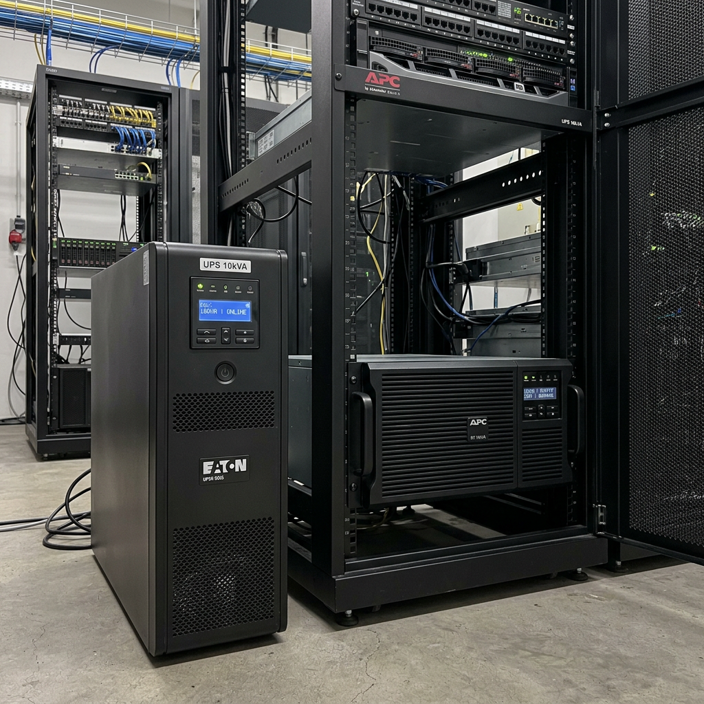 Two UPS units beside server racks with visible cables inside a data center